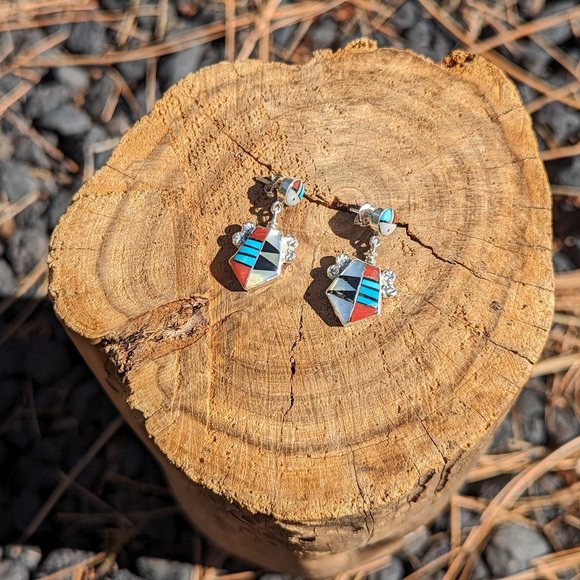 Zuni Earring Multi Stones Sterling Silver Inlay‎ Native American Jewelry *** - Picture 4 of 8